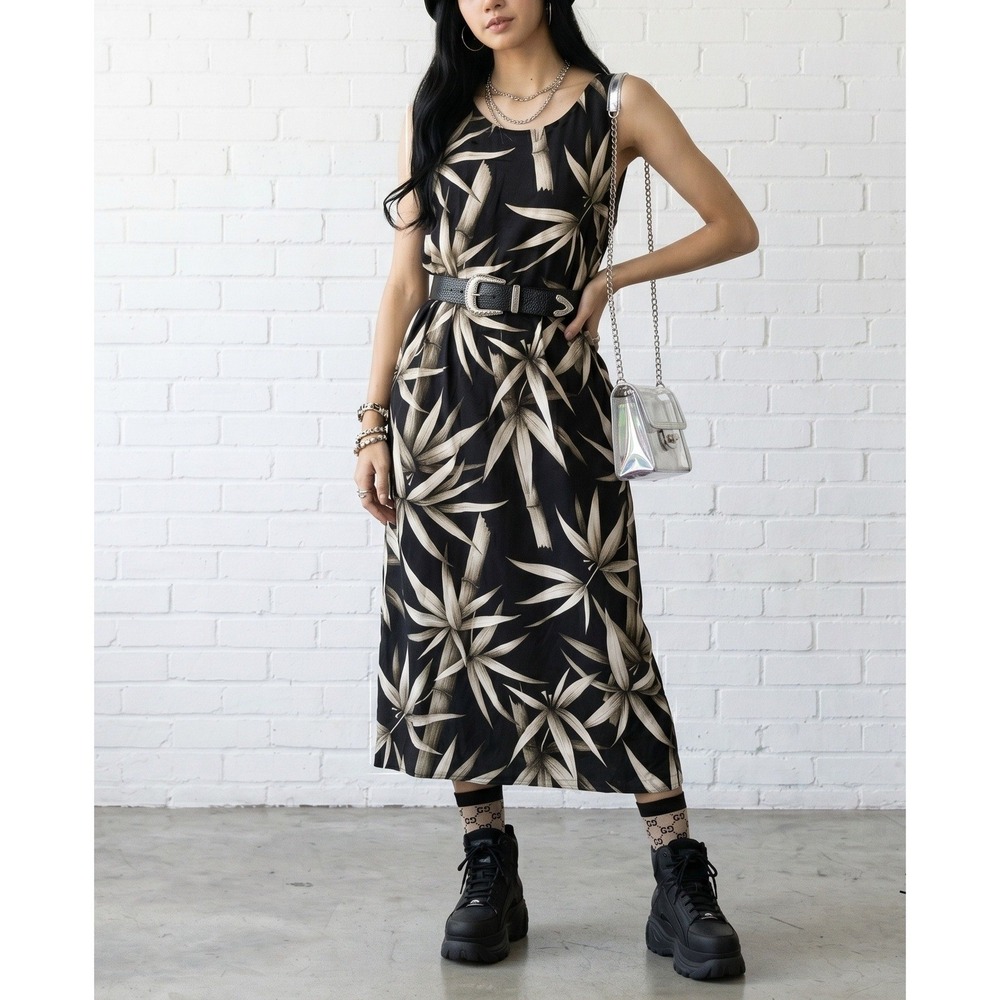 Paradise Bay Hawaiian Dress L Black Bamboo Print Rayon Tropical Midi Sleeveless